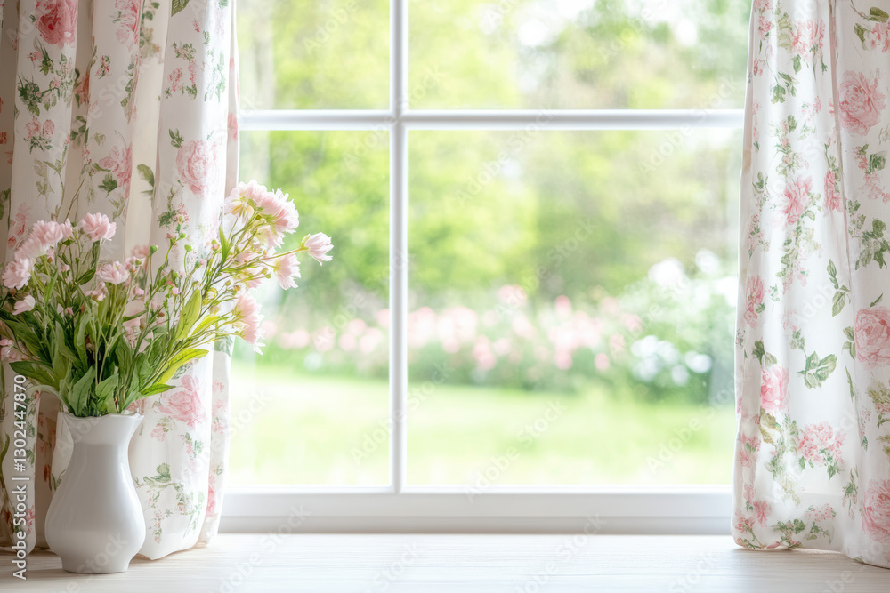 Vase of fresh flowers by a sunny window with floral curtains overlooking a blooming garden Vase of fresh flowers by a sunny window with floral curtains overlooking a blooming garden