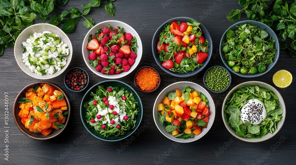 Overhead shot of a colorful fresh food spread with fruits and vegetables Overhead shot of a colorful fresh food spread with fruits and vegetables