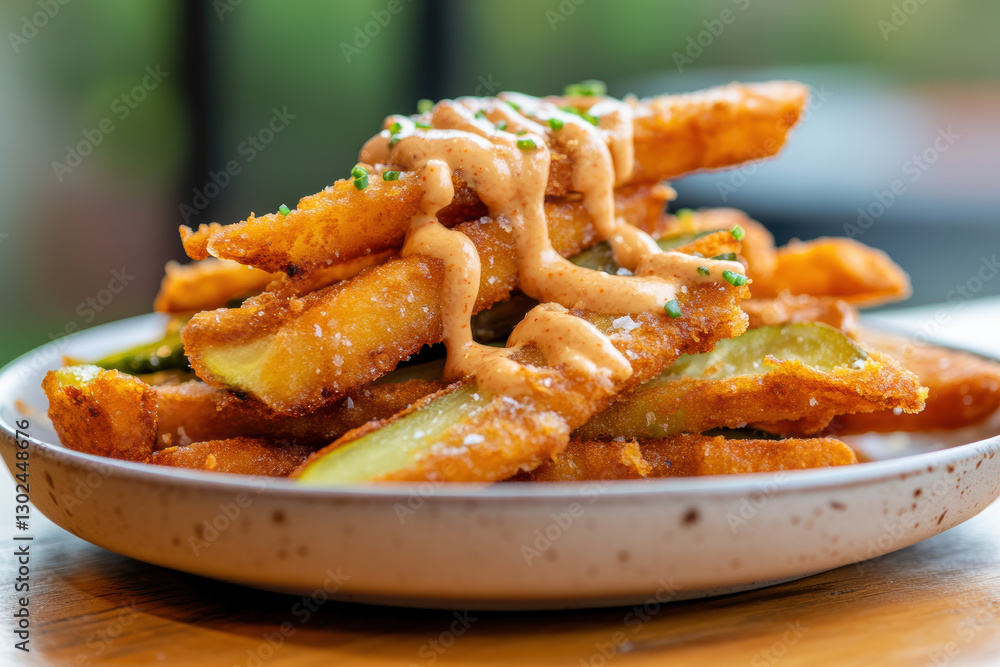 Crispy fried pickles with spicy aioli drizzle garnished with chives on a rustic plate Crispy fried pickles with spicy aioli drizzle garnished with chives on a rustic plate