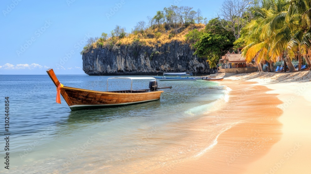 Tranquil Beach Scene with Traditional Boat and Clear Blue Waters Under Bright Sunny Sky Tranquil Beach Scene with Traditional Boat and Clear Blue Waters Under Bright Sunny Sky