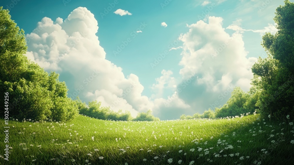 Obraz premium illustration of Summer fields landscape with a dawn,Rainbow, green grass hills, bright color blue sky, country background,banner resting vacation.