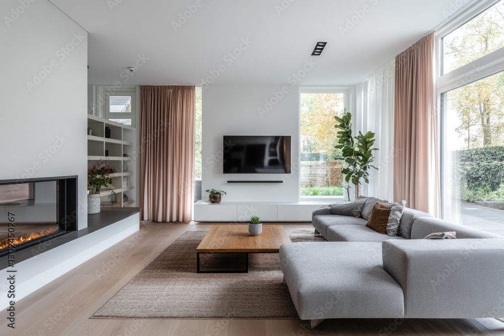 Fototapeta premium Modern living room with fireplace, sectional sofa, and large windows.