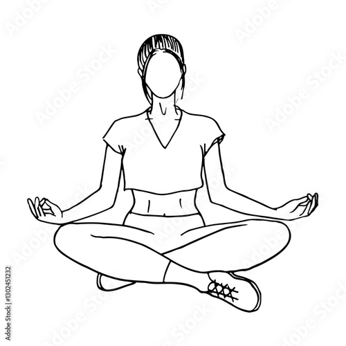 woman in lotus position in crop top, leggings and sneakers, portrait without a face - hand drawn line art