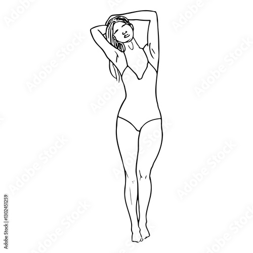 full length woman standing in one piece swimsuit - hand drawn line art