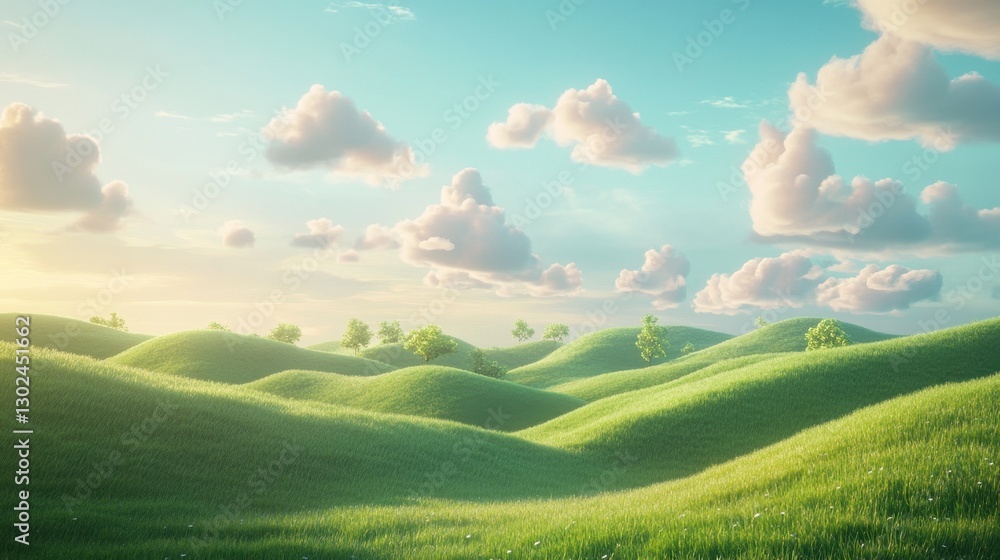 Obraz premium illustration of Summer fields landscape with a dawn,Rainbow, green grass hills, bright color blue sky, country background,banner resting vacation.