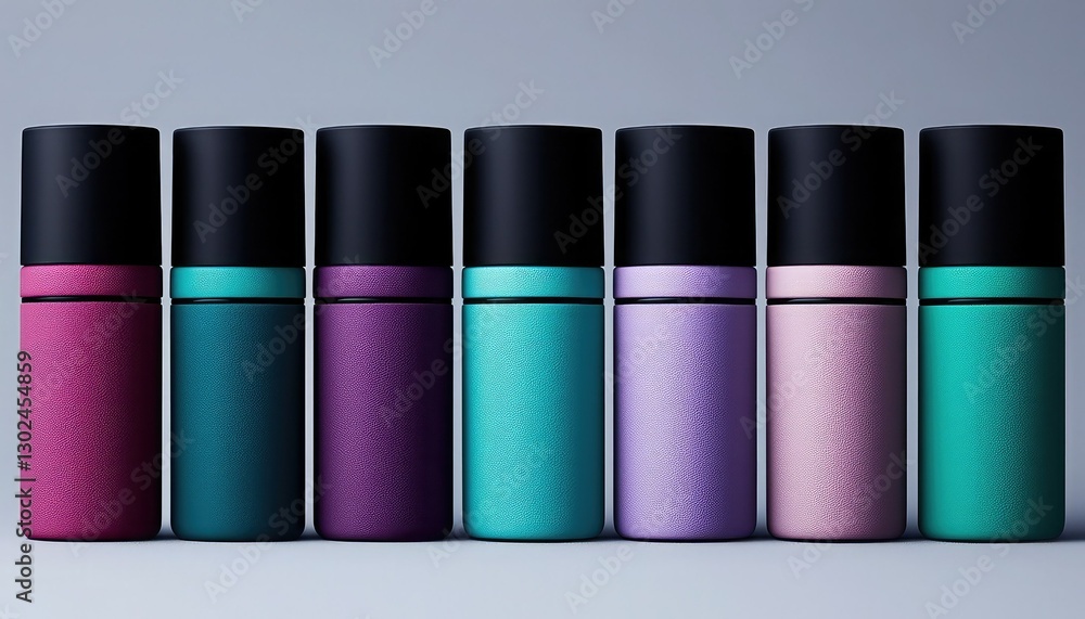 A row of vibrant, textured cosmetic containers in various colors, showcasing elegant design and potential use in beauty or makeup products. A row of vibrant, textured cosmetic containers in various colors, showcasing elegant design and potential use in beauty or makeup products.
