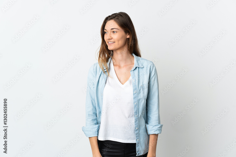 Young Ireland woman isolated on white background looking to the side and smiling Young Ireland woman isolated on white background looking to the side and smiling