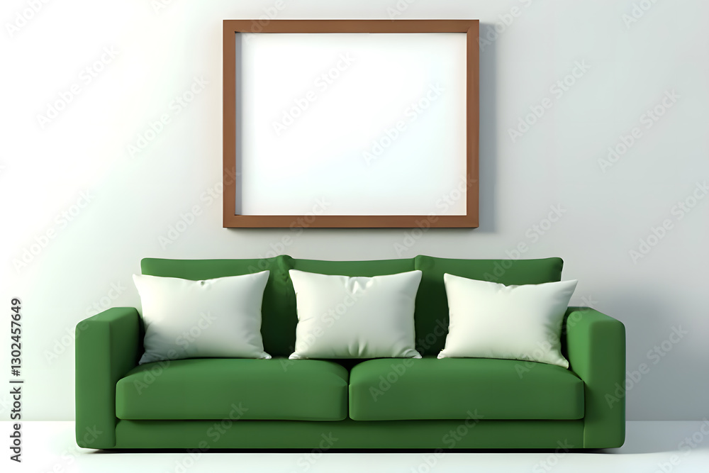 green fabric sofa There were three pillows on the sofa. Behind the sofa was an empty wooden picture frame. green fabric sofa There were three pillows on the sofa. Behind the sofa was an empty wooden picture frame.