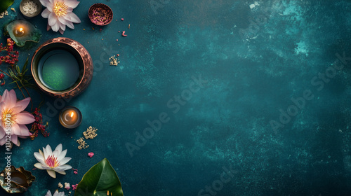 Wallpaper Mural A mystical flatlay with a sacred copper vessel, Ganga water, and lotus flowers carefully placed along the edges, allowing space for branding or promotional content. Torontodigital.ca