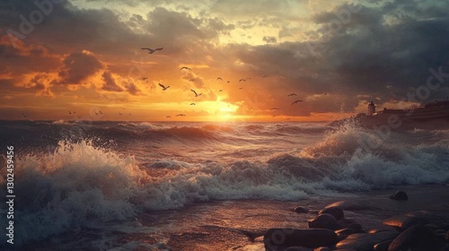 Dramatic sunset over stormy sea with birds