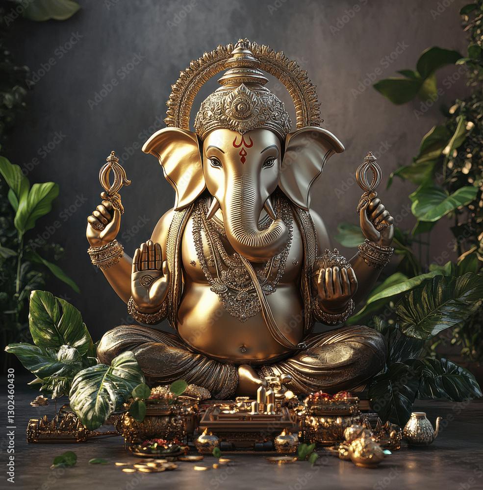 Fototapeta premium a Ganesha statue in gold color with lotus flowers. On the floor, there are some plants around it