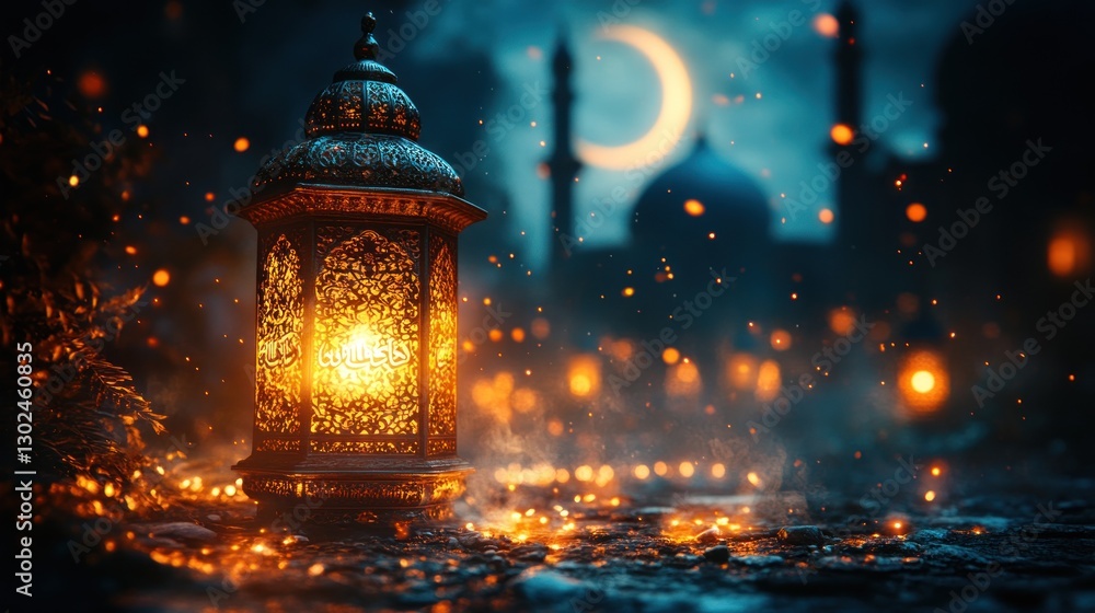 Glowing lantern with mosque background at night. Glowing lantern with mosque background at night.