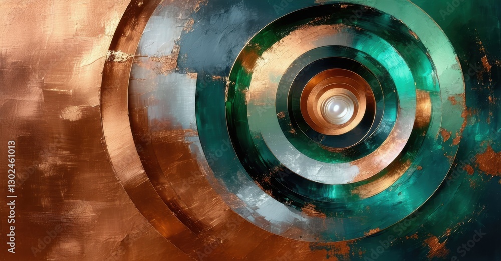 Luxury metallic abstract artwork concentric layered rings rich copper radiant emerald warm pearl intricate depth glowing accents Luxury metallic abstract artwork concentric layered rings rich copper radiant emerald warm pearl intricate depth glowing accents