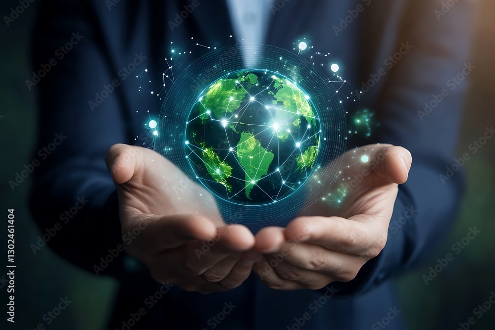 Businessman Holding a Digital Globe Representing Corporate Sustainability and Networking Businessman Holding a Digital Globe Representing Corporate Sustainability and Networking