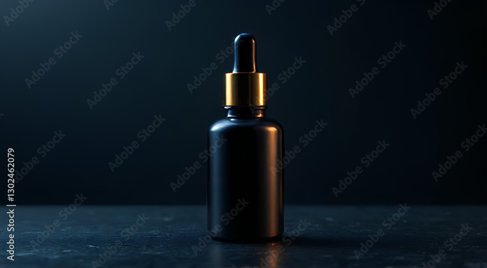 Naklejka premium A sleek black dropper bottle with a gold cap, set against a dark background, highlighting its elegant design.