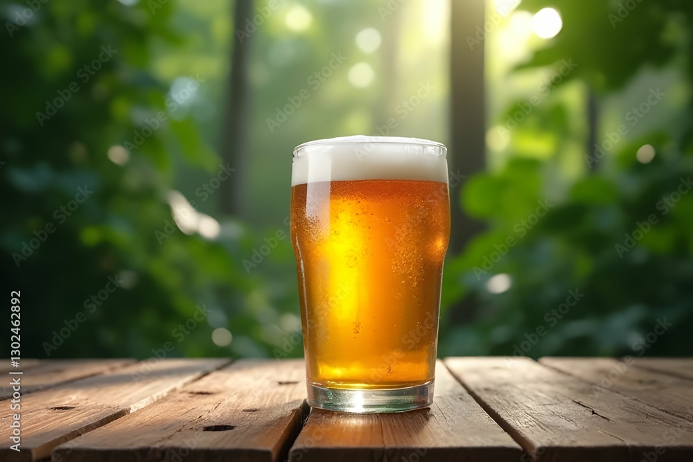 A glass of cold beer on wood table with blurred forest background. Beer mug. Refreshment and party concept. Alcohol beverage menu A glass of cold beer on wood table with blurred forest background. Beer mug. Refreshment and party concept. Alcohol beverage menu