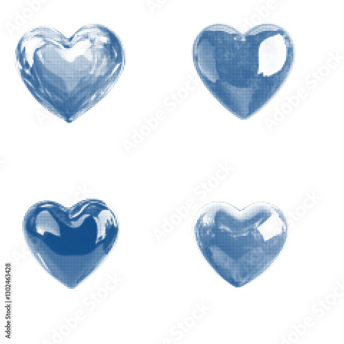 Four Illustrative Blue Hearts in Vector Style with Vintage Dot Gradient Design
