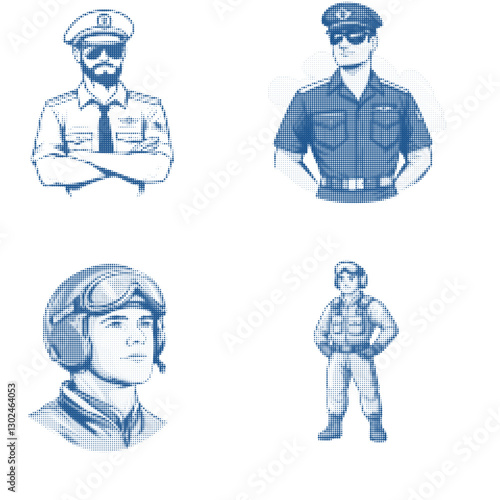 Vectors of Male Pilots and Officers in Military and Air Force Uniforms Illustration