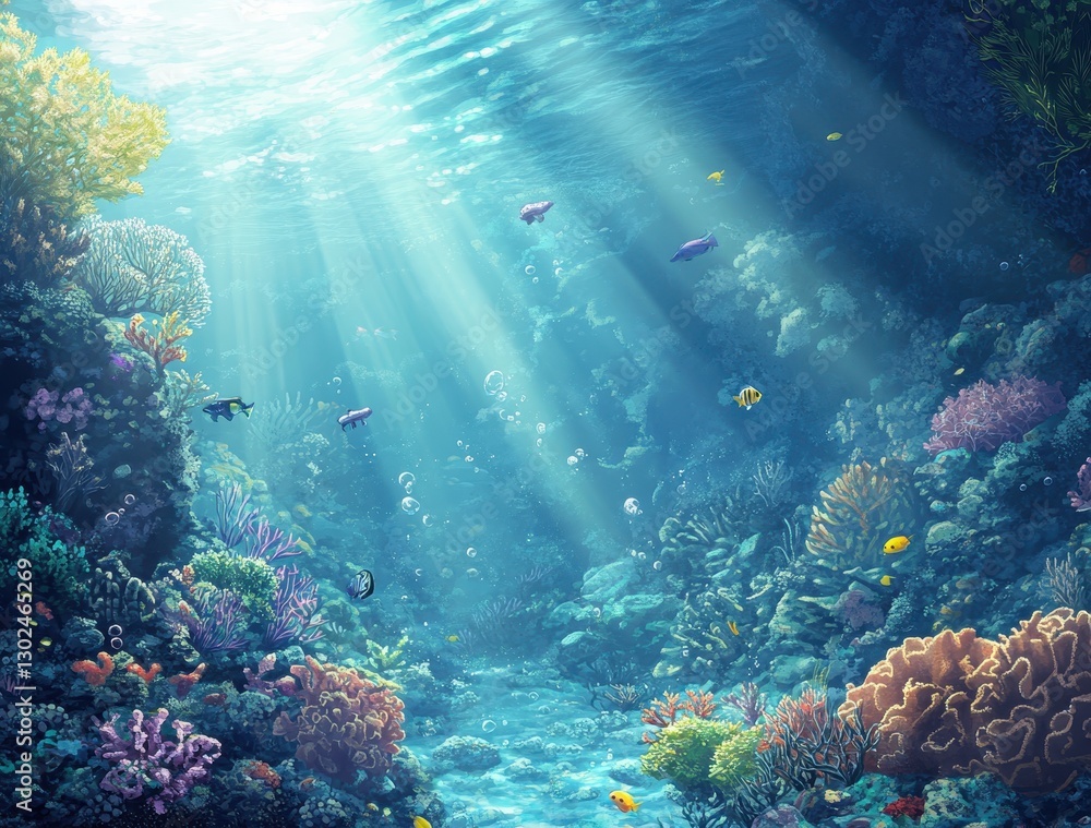 Fototapeta premium Underwater Scene with Vibrant Coral Reefs and Rays of Sunlight Illuminating Marine Life in a Crystal-Clear Ocean Environment