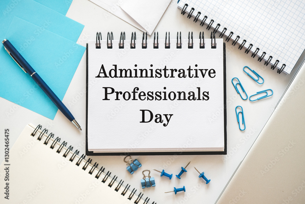 Happy Administrative Professionals Day. Notepad with congratulatory inscriptions. Close-up, view from above. Finance and business concept. Congratulations for family, relatives, friends and colleagues Happy Administrative Professionals Day. Notepad with congratulatory inscriptions. Close-up, view from above. Finance and business concept. Congratulations for family, relatives, friends and colleagues