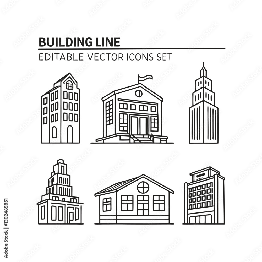 Editable vector building line icon set Editable vector building line icon set