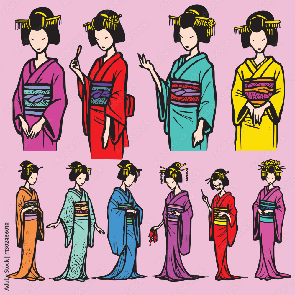 Japanese Geisha in various poses, in vector format. Japanese Geisha in various poses, in vector format.