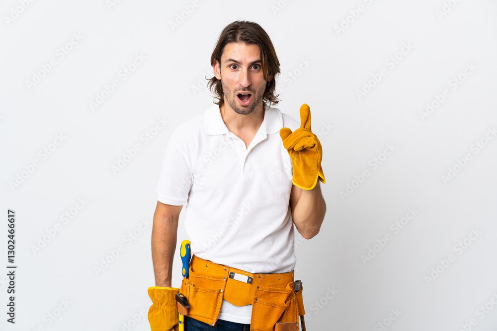 Young electrician man over isolated background intending to realizes the solution while lifting a finger up Young electrician man over isolated background intending to realizes the solution while lifting a finger up