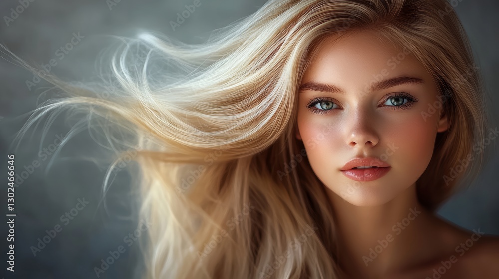 Naklejka premium Woman with long blonde hair and blue eyes. She is wearing makeup and has a nice smile