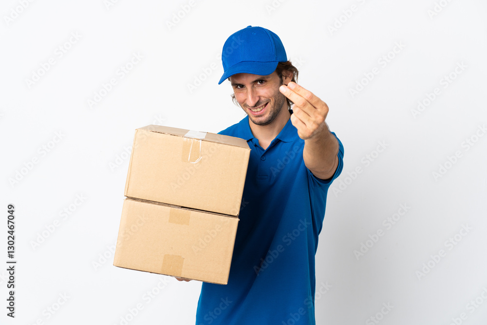 Delivery man isolated on white background making money gesture Delivery man isolated on white background making money gesture