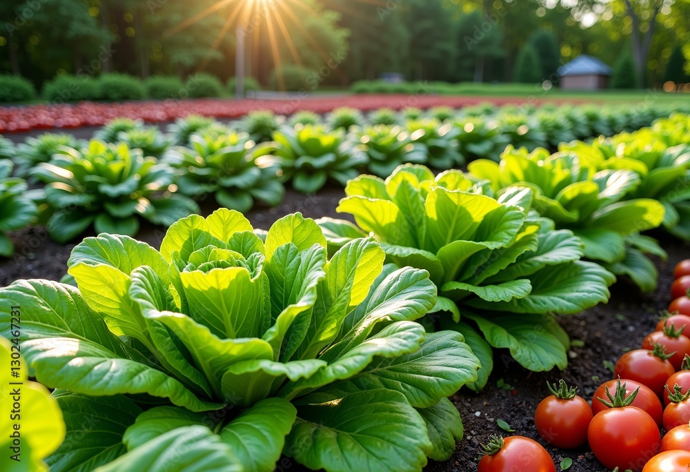 Fototapeta premium Lush Organic Garden: Rows of Fresh Lettuce, Kale, Tomatoes Growing Under Sunlight, Aesthetic Gardening, Healthy Produce, and Vibrant Colors.