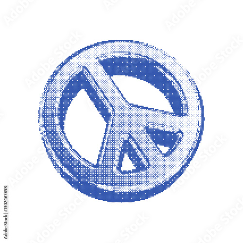 3D shape of Peace Symbol in Dither halftone dot texture. Pixelated bitmap texture element isolated on transparent background. Vector playful design for banner, poster, leaflet in y2k aesthetic