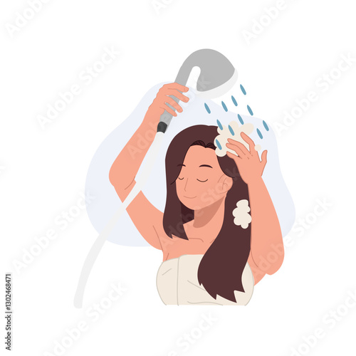 hair care and beauty concept. woman washing hair with foamy shampoo in refreshing shower hair care hygiene and wellness