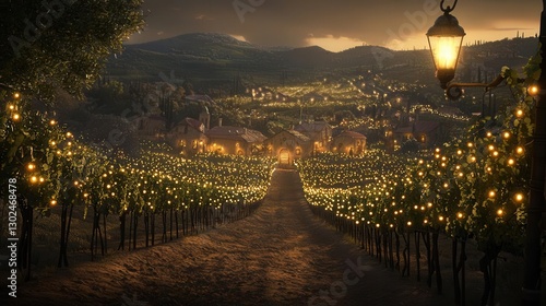 Vineyard at Dusk Illuminated by Fairy Lights Winding Path to Houses