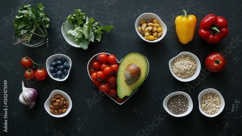 A heart-shaped culinary art on a chic black backdrop, featuring vibrant veggies in a glass bowl at the top left, inviting a feast for the eyes photo