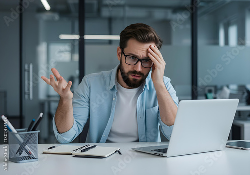 man struggling with work on laptop at contemporary workspace