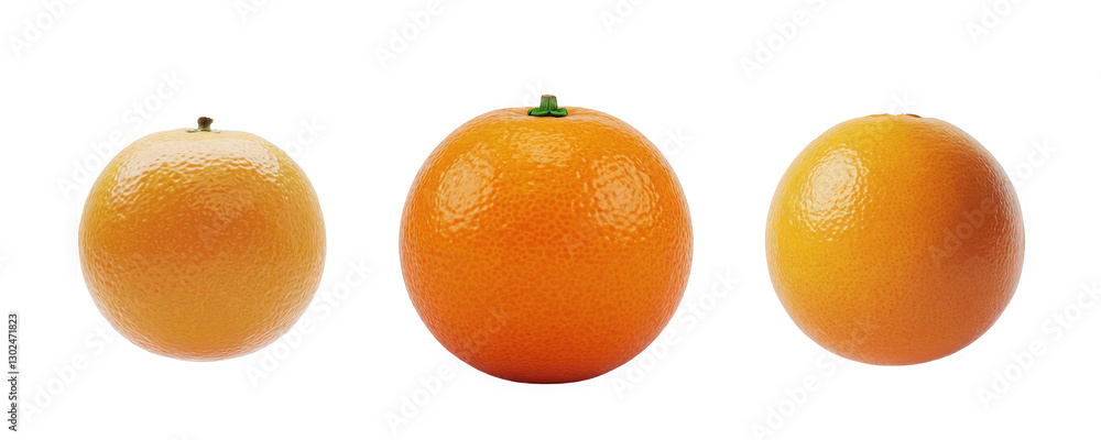 Three vibrant oranges in varying sizes with a smooth, shiny texture against a white background. Three vibrant oranges in varying sizes with a smooth, shiny texture against a white background.