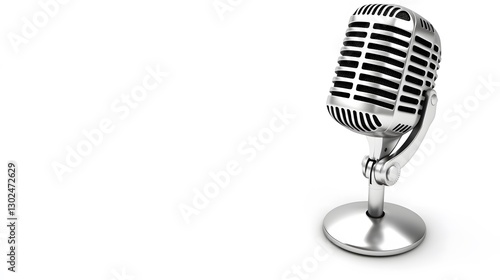A professional studio microphone with a podcast advertisement script, isolated on a white background.