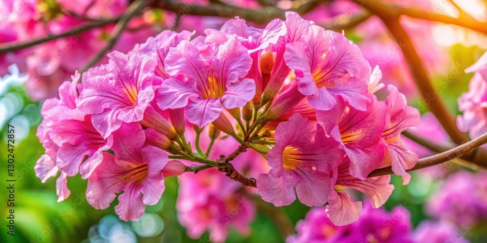A stunning close-up of a vibrant pink trumpet tree flower in full bloom, highlighting its intricate details and delicate petals, surrounded by lush green leaves , close-up photography, pink flowers A stunning close-up of a vibrant pink trumpet tree flower in full bloom, highlighting its intricate details and delicate petals, surrounded by lush green leaves , close-up photography, pink flowers