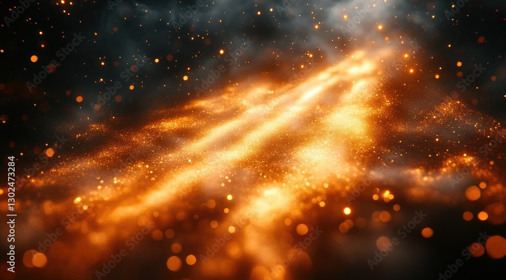 Abstract fiery pathway through a dark smoky background with orange and gold glitter particles Abstract fiery pathway through a dark smoky background with orange and gold glitter particles