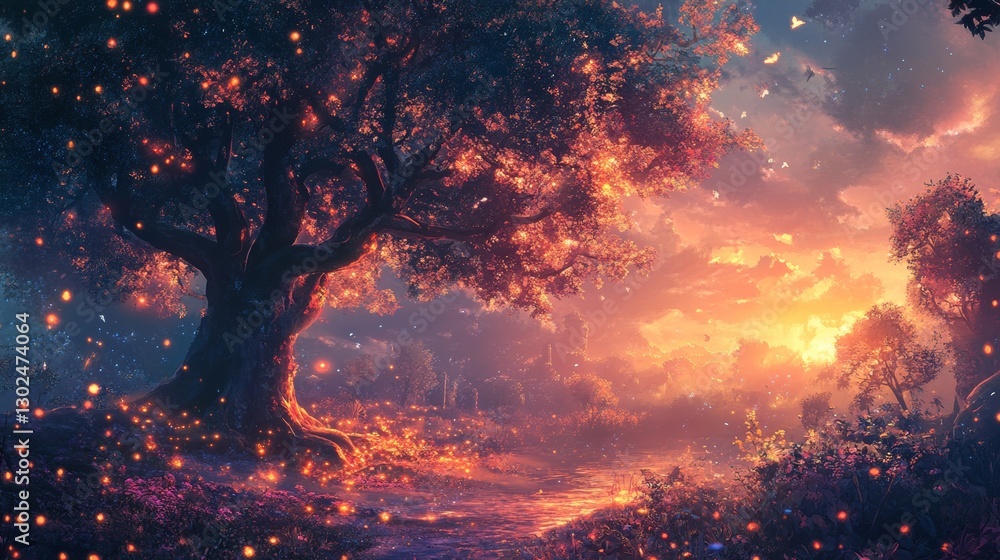 Obraz premium Enchanted Sunset: A Magical Forest at Dusk