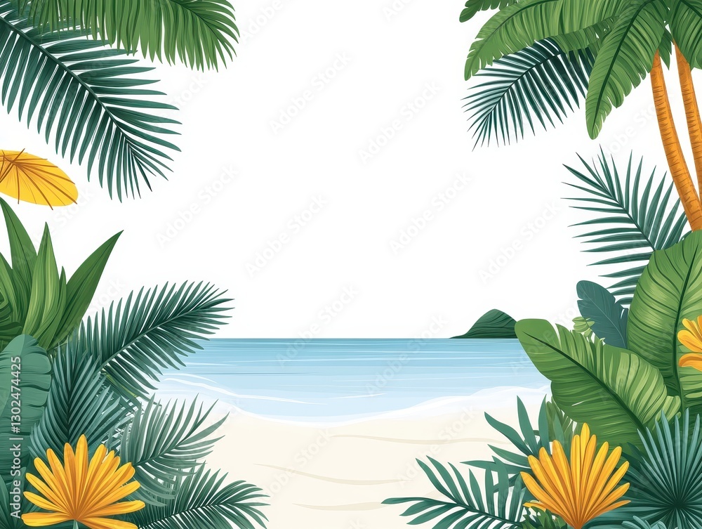 Obraz premium Tropical beach scene with lush greenery and calm ocean in the background