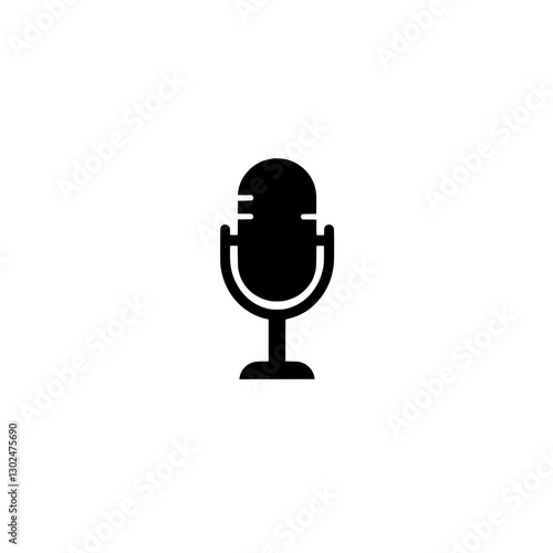 Studio Microphone Icon: Simple and elegant black silhouette of a classic studio microphone, perfect for representing voice recording, podcasting, radio broadcasting, and music production.