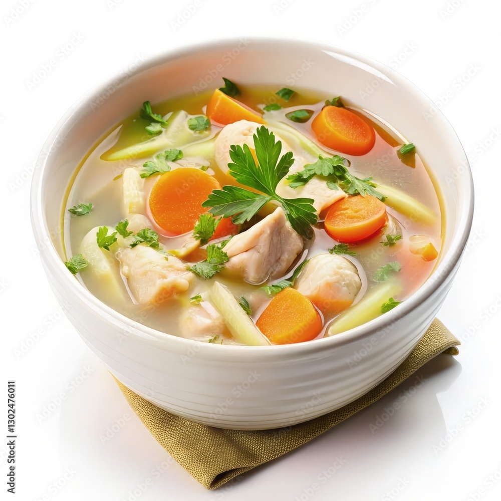 Warm Chicken Soup With Vegetables in a Bowl on a White Background. Generative AI Warm Chicken Soup With Vegetables in a Bowl on a White Background. Generative AI