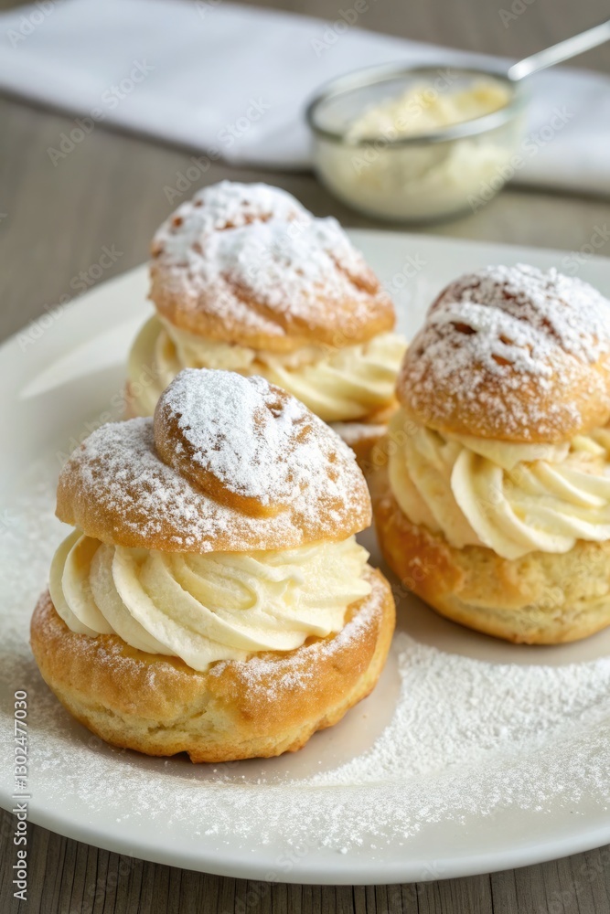 Classic Cream Puffs on a Plate in a Cozy Setting. Generative AI Classic Cream Puffs on a Plate in a Cozy Setting. Generative AI