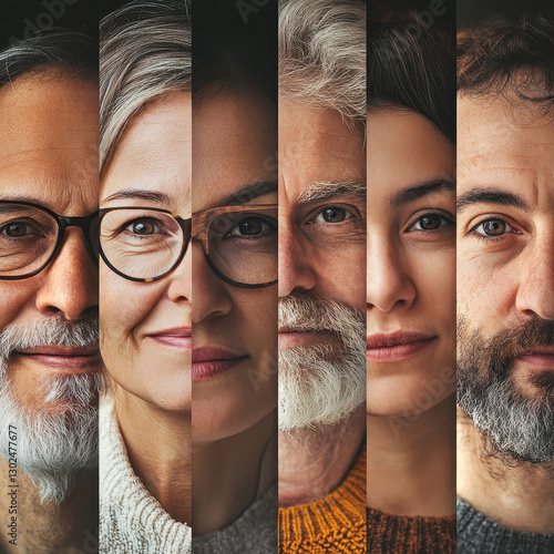 collage of diverse faces, split into vertical sections, showcasing different ages, genders, and expressions. The close-up portraits highlight individuality, diversity, and human connection