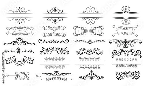 Chapter dividers, decorations and delimiters set. Frame elements with elegant swirls, text separators. Decoration for paper documents and certificates, line and waves. Isolated vector elements