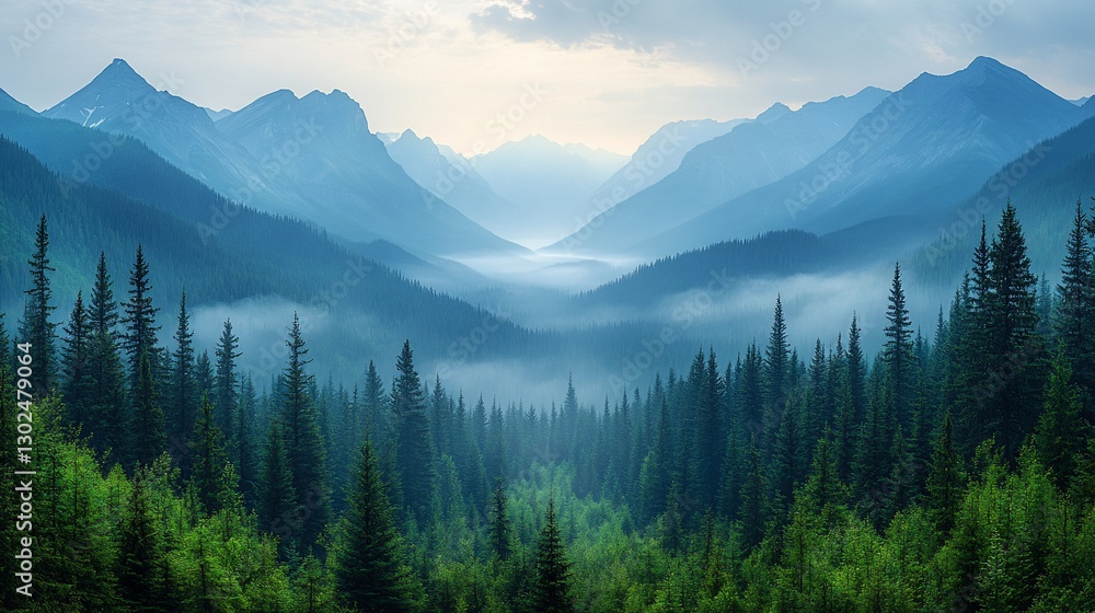 Misty mountain valley with evergreen forest. Misty mountain valley with evergreen forest.