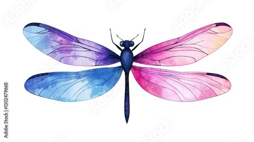 Wallpaper Mural Watercolor Dragonfly: A vibrant watercolor depiction of a dragonfly, showcasing a gradient blend of blue, purple, and pink hues in its delicate wings and slender body. Torontodigital.ca