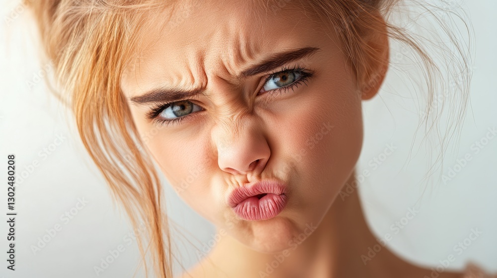 Naklejka premium Young woman with a pouty mouth and a frowning expression. She is wearing a red shirt