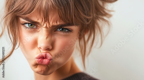 Woman with a pouty mouth and green eyes. She is looking at the camera with a frown on her face